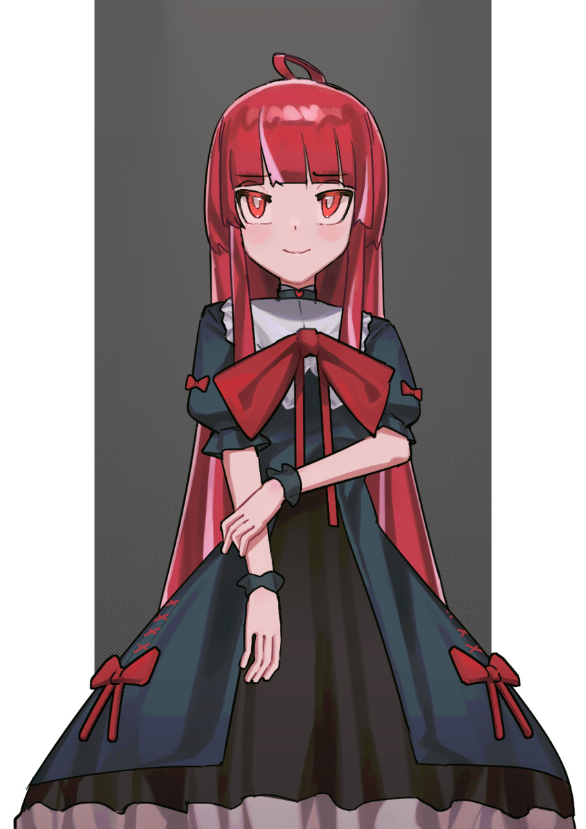 1girl absurdres ahoge black_dress cowboy_shot dress highres hololive hololive_indonesia kureiji_ollie lolita_fashion long_hair olivia_(kureiji_ollie) puffy_short_sleeves puffy_sleeves red_eyes red_hair red_ribbon ribbon saaal653 short_sleeves simple_background smile solo