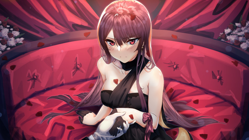 1boy 1girl absurdres bare_shoulders black_dress black_gloves black_scarf blush breasts cleavage closed_mouth cocktail_dress collarbone commentary couch curtains dress embarrassed english_commentary falling_petals flower frown girls'_frontline gloves hair_between_eyes half_gloves head_tilt highres holding_hands indoors leaning_forward long_hair looking_at_viewer medium_breasts parted_bangs petals purple_hair red_curtains red_eyes red_flower red_rose rose rose_petals scarf shidoni sidelocks sitting strapless strapless_dress swept_bangs very_long_hair wa2000_(girls'_frontline) white_flower white_gloves