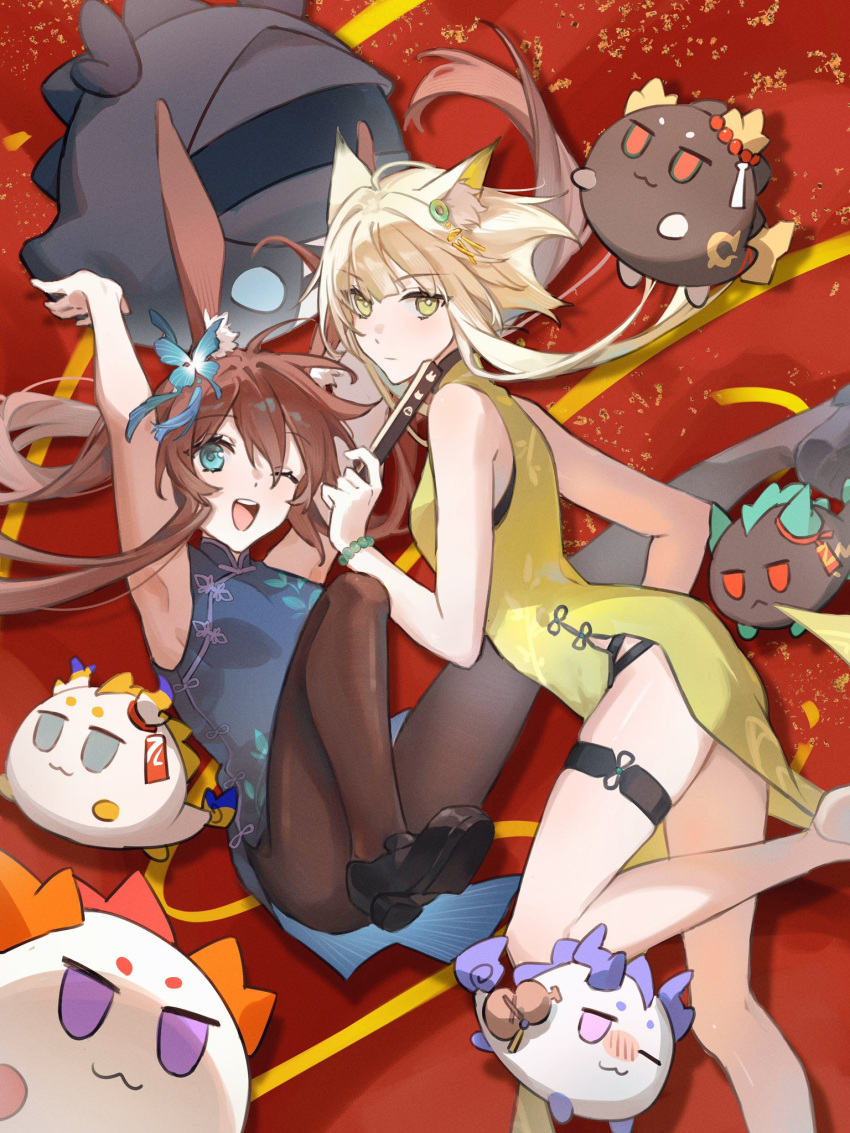 2girls ;d amiya_(arknights) animal_ear_fluff animal_ears arknights arms_up ass ayami_chan_0122 black_footwear blue_dress blue_eyes blush blush_stickers breasts brown_hair brown_pantyhose butterfly_hair_ornament china_dress chinese_clothes chong_yue_(arknights) commentary_request doctor_(arknights) dragon_bubble_(arknights) dress dusk_(arknights) feet_out_of_frame folded_fan folding_fan gourd green_eyes hair_between_eyes hair_ornament hand_fan highres holding holding_fan kal'tsit_(arknights) ling_(arknights) loafers multiple_girls nian_(arknights) nose_blush one_eye_closed pantyhose pelvic_curtain rabbit_ears red_background shoe_soles shoes shu_(arknights) sleeveless sleeveless_dress small_breasts smile standing standing_on_one_leg white_footwear yellow_dress