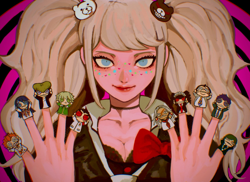 0met031 1girl bear_hair_ornament black_background black_bra black_choker black_shirt blonde_hair bow bra breasts celestia_ludenberg choker cleavage closed_mouth collarbone danganronpa:_trigger_happy_havoc danganronpa_(series) enoshima_junko finger_puppet fujisaki_chihiro green_eyes hair_ornament hands_up heart heart_tattoo highres ishimaru_kiyotaka kirigiri_jin kuwata_leon large_breasts looking_at_viewer maizono_sayaka mitarai_ryota necktie ogami_sakura owada_mondo pink_background portrait puppet red_bow shirt smile solo star_tattoo tattoo twintails underwear yamada_hifumi