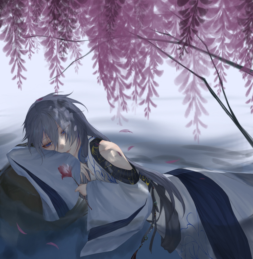 1girl alternate_hairstyle bare_shoulders blue_eyes blue_hair china_dress chinese_clothes closed_mouth clothing_cutout dress flower fu_hua fu_hua_(azure_empyrea) grey_hair hair_between_eyes hanfu highres holding holding_flower honkai_(series) honkai_impact_3rd light_smile long_hair looking_at_flowers lying on_rock pink_flower pleated_sleeves river shoulder_cutout solo user_pyne2487 white_dress white_hanfu wide_sleeves