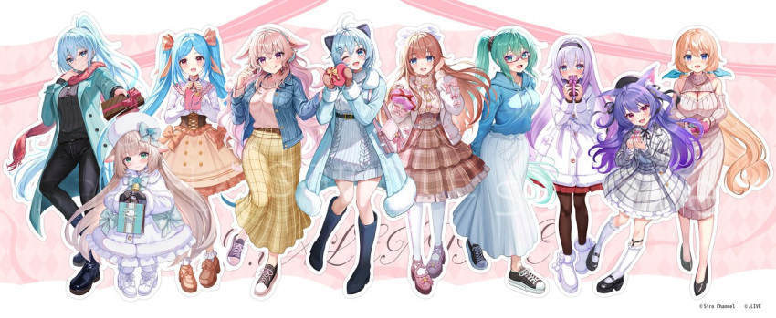 .live 6+girls akabane_(zebrasmise) alternate_costume animal_ear_fluff animal_ears bag bare_shoulders beret black_gloves black_headband black_headwear black_ribbon black_shirt blue_coat blue_eyes blue_hair blue_hoodie blue_jacket blue_ribbon blush bow bowtie box breasts brown_corset brown_hair brown_mittens brown_skirt brown_sweater carro_pino cleavage cleavage_cutout clothing_cutout coat copyright_name corset dennou_shoujo_youtuber_siro fang full_body fur-trimmed_coat fur_trim gift gift_bag gift_box glass gloves green_bow green_bowtie green_coat green_eyes green_hair hair_ribbon handbag hat headband heart heart-shaped_box height_difference high_ponytail hood hoodie jacket jewelry kagura_suzu_(.live) kakyouin_chieri long_hair low_twintails merry_milk mittens mokota_mememe multiple_girls nanahoshi_milily neck_ribbon necklace one_eye_closed open_clothes open_coat open_mouth pants pink_bag pink_bow pink_bowtie pink_ribbon pink_shirt plaid plaid_jacket plaid_pants plaid_skirt ponytail purple_eyes purple_hair red-framed_eyewear red_eyes red_scarf ribbed_sweater ribbon rikumu rurun_rururica scarf shirt short_hair siro_(dennou_shoujo_youtuber_siro) skin_fang skirt smile sweater tongue tongue_out twintails valentine virtual_youtuber white_bow white_bowtie white_coat white_headwear white_jacket white_ribbon white_shirt wolf_ears yamato_iori yellow_pants