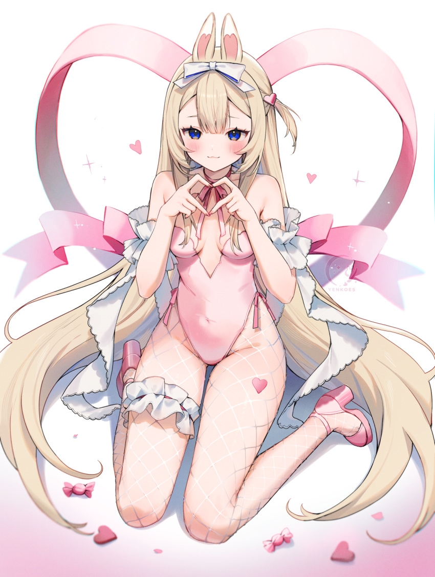 1girl animal_ears bare_shoulders blonde_hair blue_eyes blush bow breasts bridal_garter closed_mouth fishnet_pantyhose fishnets full_body hair_bow hair_ornament heart heart_hair_ornament heart_hands high_heels highres legs leotard long_hair one_side_up pantyhose pink_footwear pink_leotard rabbit_ears simple_background small_breasts solo toe_cleavage very_long_hair virtual_youtuber vyugen white_background yenko_(vtuber) yenkoes