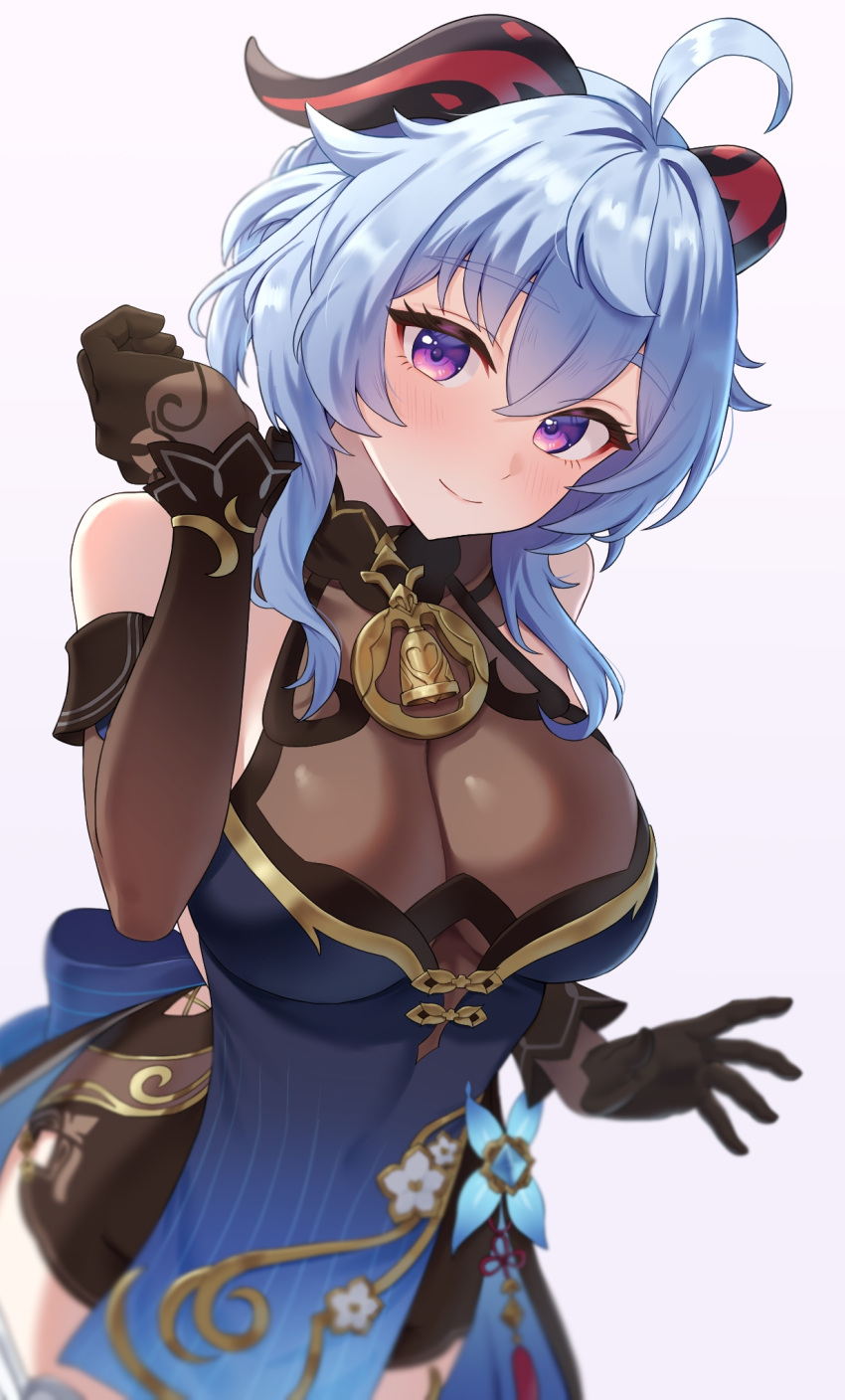 1girl ahoge black_gloves blue_dress blue_hair breasts commentary_request covered_navel cowboy_shot dress elbow_gloves ganyu_(genshin_impact) ganyu_(twilight_blossom)_(genshin_impact) genshin_impact gloves hand_up highres horns kadokadokado large_breasts long_hair looking_at_viewer official_alternate_costume purple_eyes smile solo standing