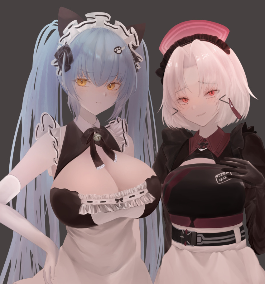 2girls black_gloves blue_hair blush breasts cleavage drake_(maid_for_villain)_(nikke) drake_(nikke) elbow_gloves gloves goddess_of_victory:_nikke hamuhanama highres light_blue_hair long_hair looking_at_viewer maid medium_breasts multiple_girls privaty_(nikke) privaty_(unkind_maid)_(nikke) red_eyes shirt simple_background smile twintails upper_body white_gloves white_hair