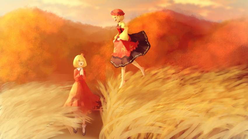 2girls aki_minoriko aki_shizuha apron blonde_hair day dress grass hat highres medium_hair mob_cap mountainous_horizon multiple_girls red_dress shee_take skirt sunlight sunset tall_grass touhou