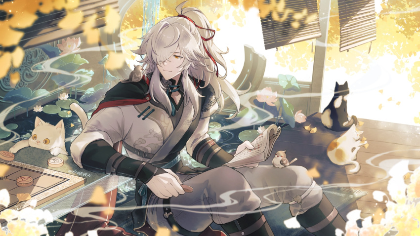 1boy 7mo_(nanakami) animal_on_lap animal_on_shoulder architecture bird blonde_hair book cape chinese_clothes collarbone east_asian_architecture feet_out_of_frame ginkgo_leaf highres holding holding_book honkai:_star_rail honkai_(series) jing_yuan leaf long_sleeves male_focus mandarin_collar medium_hair multiple_cats on_lap pants parted_bangs ponytail sitting smile twitter_username white_hair xiangqi
