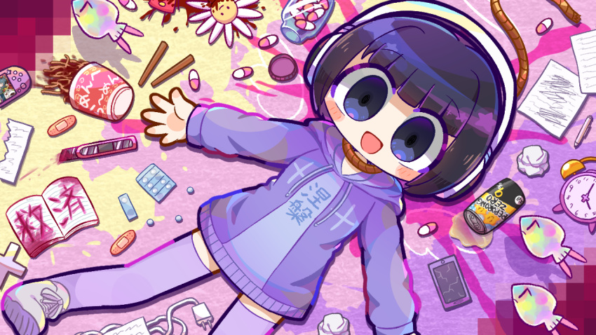 1girl alarm_clock bandaid black_eyes black_hair blood blunt_bangs blunt_ends blush book bottle bottle_cap boxcutter cable can censored chopsticks clock colored_lineart cracked_screen cross cup_ramen daisy drugs flower food game_console headphones hood hooded_jacket indie_virtual_youtuber jacket kyuusai-chan long_sleeves lying mosaic_censoring noodles noose on_back on_floor open_clothes open_jacket open_mouth outstretched_arms paper pen pepoyo phone pill pink_blood purple_jacket purple_sweater purple_thighhighs shoelaces short_hair smile solo sweater thighhighs virtual_youtuber white_footwear white_headphones