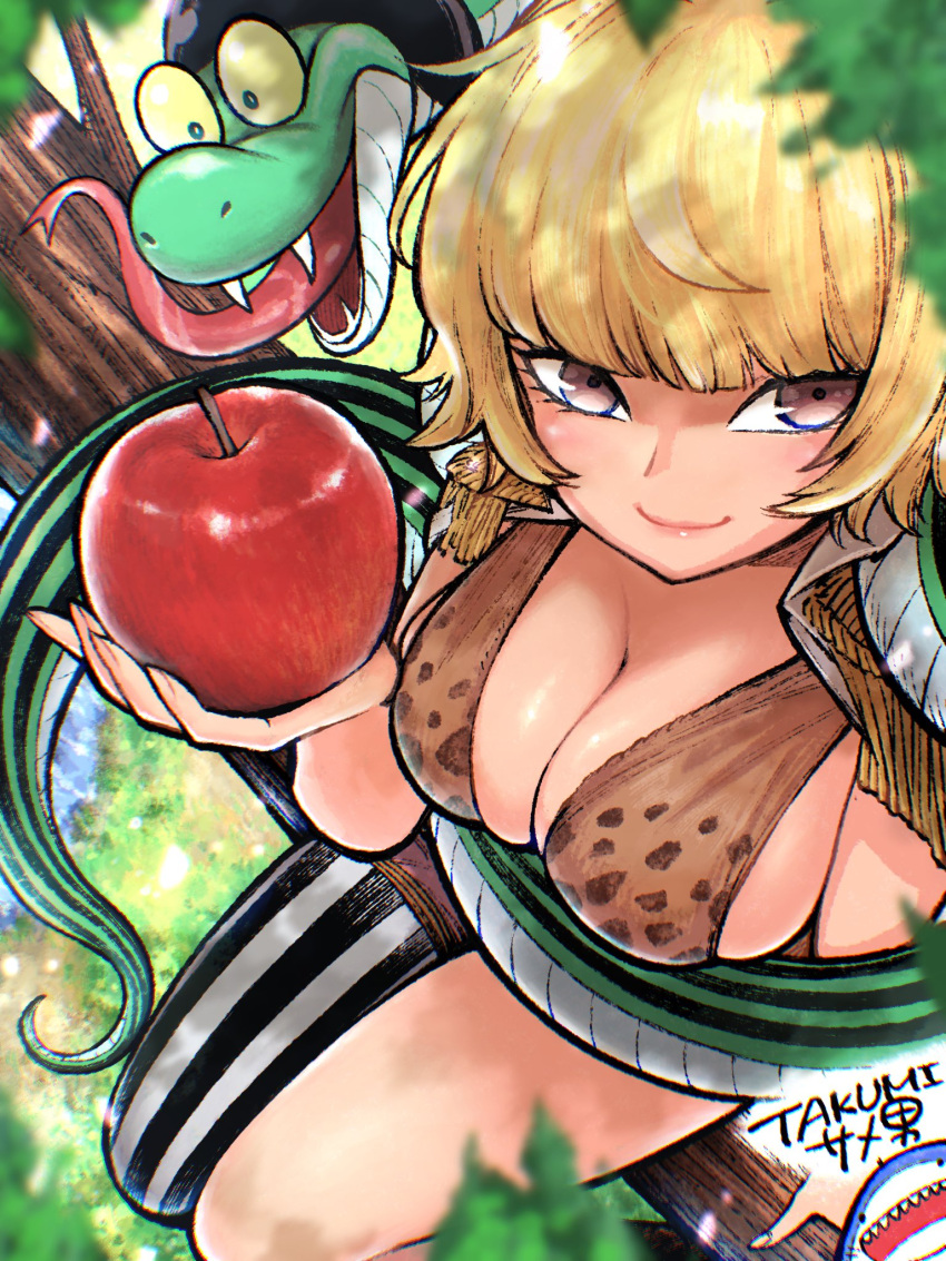 1girl apple artist_name blonde_hair blunt_bangs blurry blurry_foreground branch breasts brown_eyes cleavage closed_mouth food from_above fruit highres holding holding_food holding_fruit in_tree large_breasts marguerite_(one_piece) one_piece sharp_teeth short_hair sitting sitting_in_tree smile snake takumi_watanuki teeth tongue tongue_out translation_request tree yellow_eyes