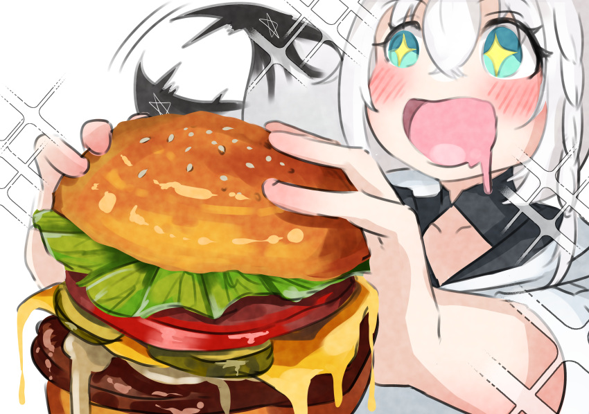 1girl absurdres blush braid burger commentary_request drooling food fox_girl fox_tail green_eyes hair_between_eyes highres holding holding_food hololive looking_at_viewer motion_lines mouth_drool open_mouth payano_i pentagram shirakami_fubuki shirakami_fubuki_(1st_costume) sidelocks single_braid solo sparkle tail virtual_youtuber white_hair