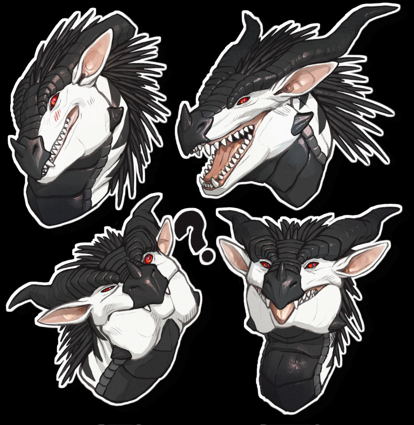 ambiguous_gender black_background blep dragon fangs feral glistening glistening_eyes grey_body grey_horn grey_scales grin hi_res horn khyaber mouth_closed open_mouth pupils red_eyes scales scalie simple_background sketch_page slit_pupils smile solo teeth tongue tongue_out white_body