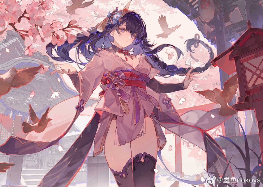 1girl architecture arms_up bird blunt_bangs braid cherry_blossoms east_asian_architecture genshin_impact hair_flowing_over hair_ornament hand_up japanese_clothes long_hair looking_at_viewer mitsudomoe_(shape) nokoya outdoors purple_eyes purple_hair raiden_shogun single_braid solo standing thighs tomoe_(symbol) weibo_username