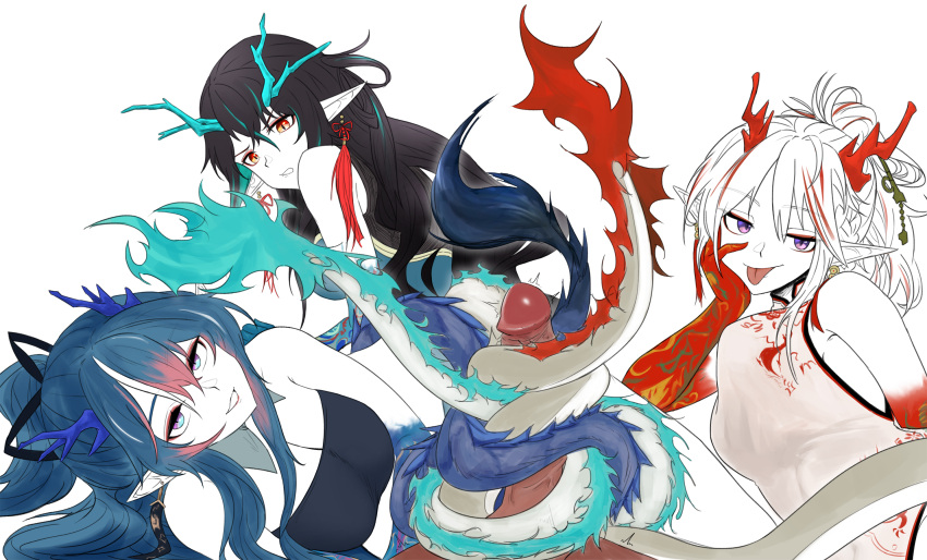 3girls arknights black_hair blue_hair china_dress chinese_clothes colored_skin dokonjou_(odossan) dragon_girl dragon_horns dragon_tail dress dusk_(arknights) dusk_(everything_is_a_miracle)_(arknights) highres horns ling_(arknights) long_hair looking_at_viewer multiple_girls nian_(arknights) nian_(unfettered_freedom)_(arknights) orange_eyes penis pointy_ears short_hair tail white_background white_hair