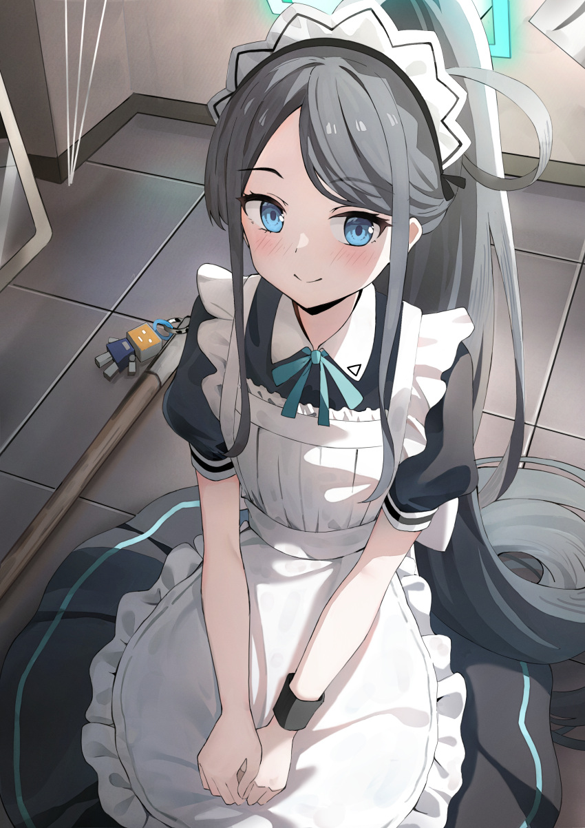 &lt;key&gt;_(robot)_(blue_archive) 1girl absurdly_long_hair absurdres apron aris_(blue_archive) aris_(maid)_(blue_archive) bekkuro black_hair blue_archive blue_eyes blush closed_mouth frilled_apron frills green_halo halo highres indoors long_hair looking_at_viewer maid maid_headdress official_alternate_costume ponytail smile solo very_long_hair white_apron