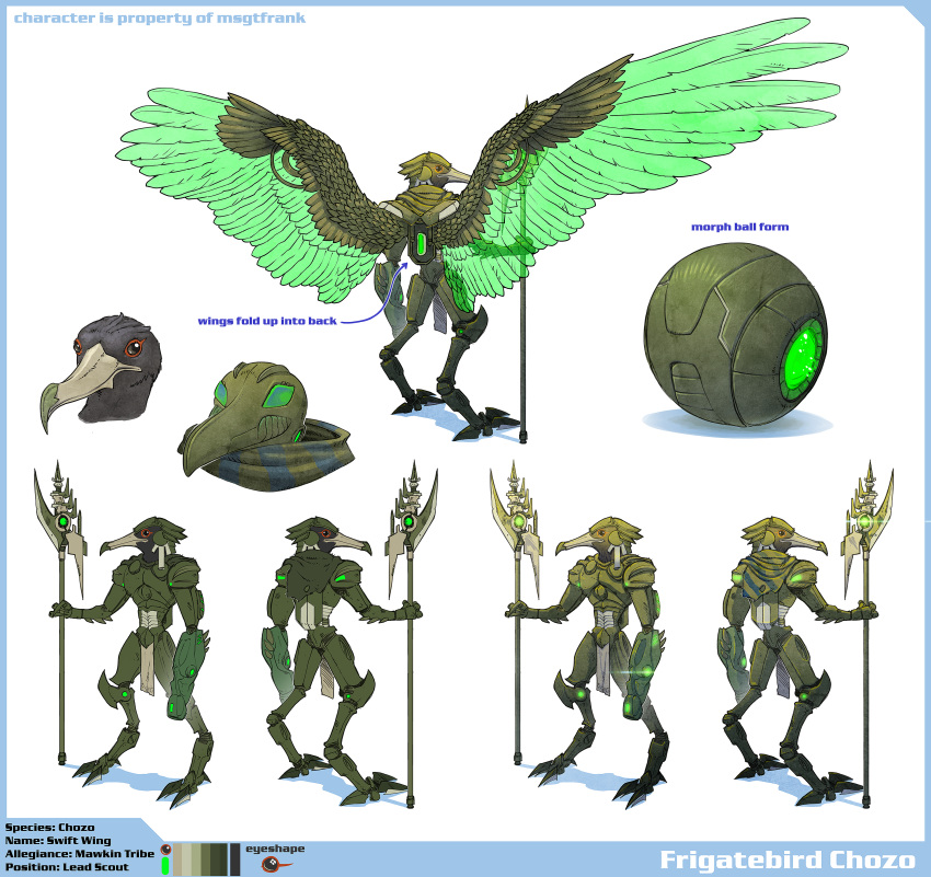 2024 3_fingers absurd_res anthro arm_armor arm_cannon armor ashpond avian beak black_body black_eyes black_feathers bottomwear character_name chozo clothing color_swatch commissioner_name cuirass detailed digital_drawing_(artwork) digital_media_(artwork) fan_character feathered_wings feathers female fingers furgonomic_headwear gauntlets gloves glowing glowing_armor green_armor green_body green_feathers handwear hi_res holding_object holding_weapon hooked_beak looking_back looking_forward machine magnificent_frigatebird melee_weapon metroid model_sheet morph_ball nintendo pauldron polearm power_armor rerebrace shawl solo spear species_name standing swift_wing_(msgtfrank) text text_on_bottomwear text_on_clothing three-quarter_view translucent translucent_body translucent_feathers weapon wings