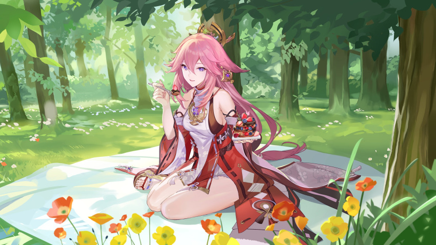 1girl animal_ears bare_shoulders blanket blueberry breasts cake commentary detached_sleeves earrings floppy_ears flower food forest fork fox_ears fruit genshin_impact grass hair_between_eyes highres holding holding_fork incoming_food jewelry leenim long_hair looking_at_viewer medium_breasts nail_polish nature nontraditional_miko official_art outdoors picnic pink_hair pink_nails purple_eyes red_skirt sitting skirt smile solo strawberry toenail_polish toenails tree very_long_hair wide_sleeves yae_miko yellow_flower yokozuwari