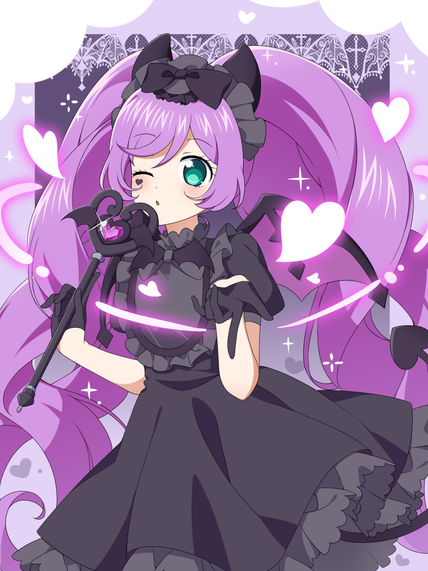 1girl absurdres black_dress black_gloves black_hairband black_horns black_tail blowing_kiss blue_eyes blush bow commentary_request commission cowboy_shot demon_horns demon_tail demon_wings dress ebi_nana frilled_dress frills gloves hair_bow hairband hands_up heart highres holding holding_wand horns long_hair looking_at_viewer manaka_laala official_style one_eye_closed open_mouth pixiv_commission pretty_series pripara purple_hair smile solo sparkle standing tail twintails very_long_hair wand wings