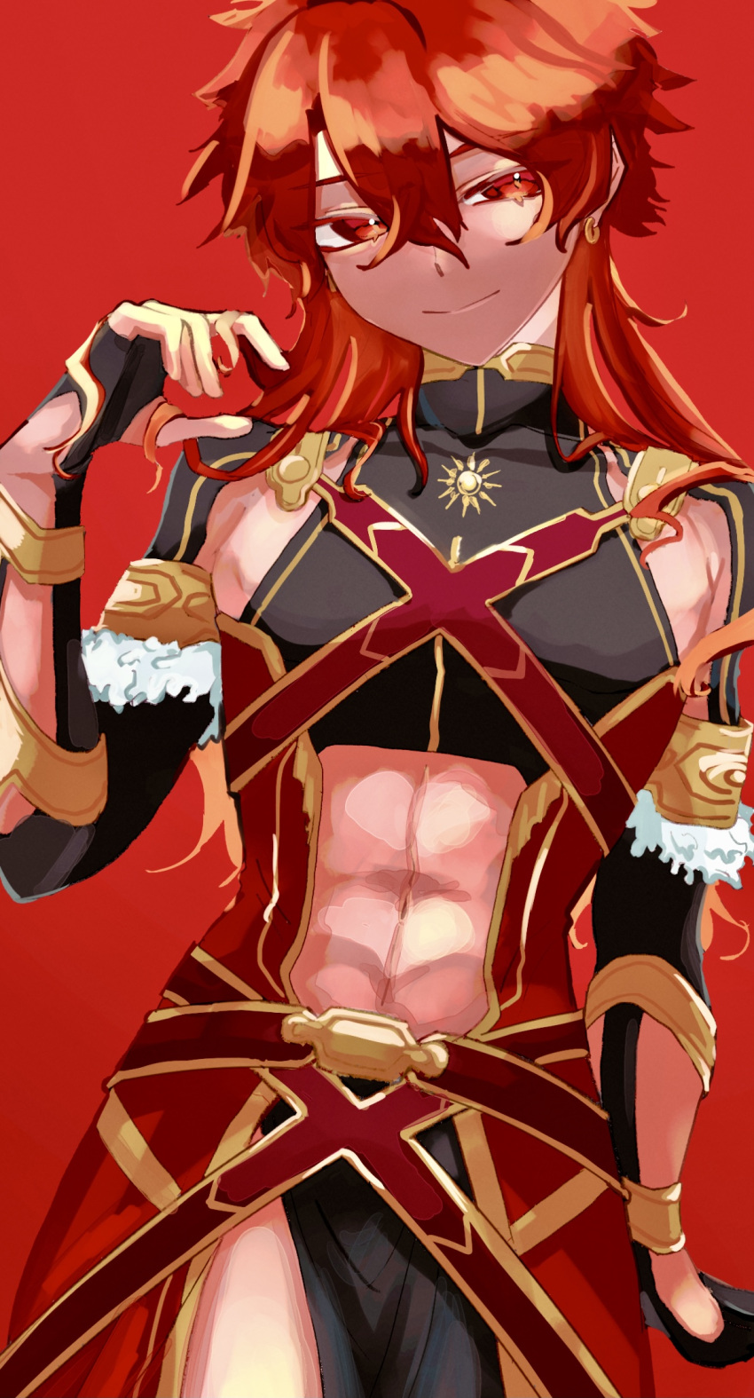 1boy abs alexander_(fate) alternate_hairstyle arm_support black_gloves black_shirt closed_mouth cowboy_shot crop_top detached_sleeves earrings fate/grand_order fate_(series) gloves hair_between_eyes highres jewelry long_hair male_focus navel pectorals red_background red_eyes red_hair shirt sidepec smile tokoni_fusu