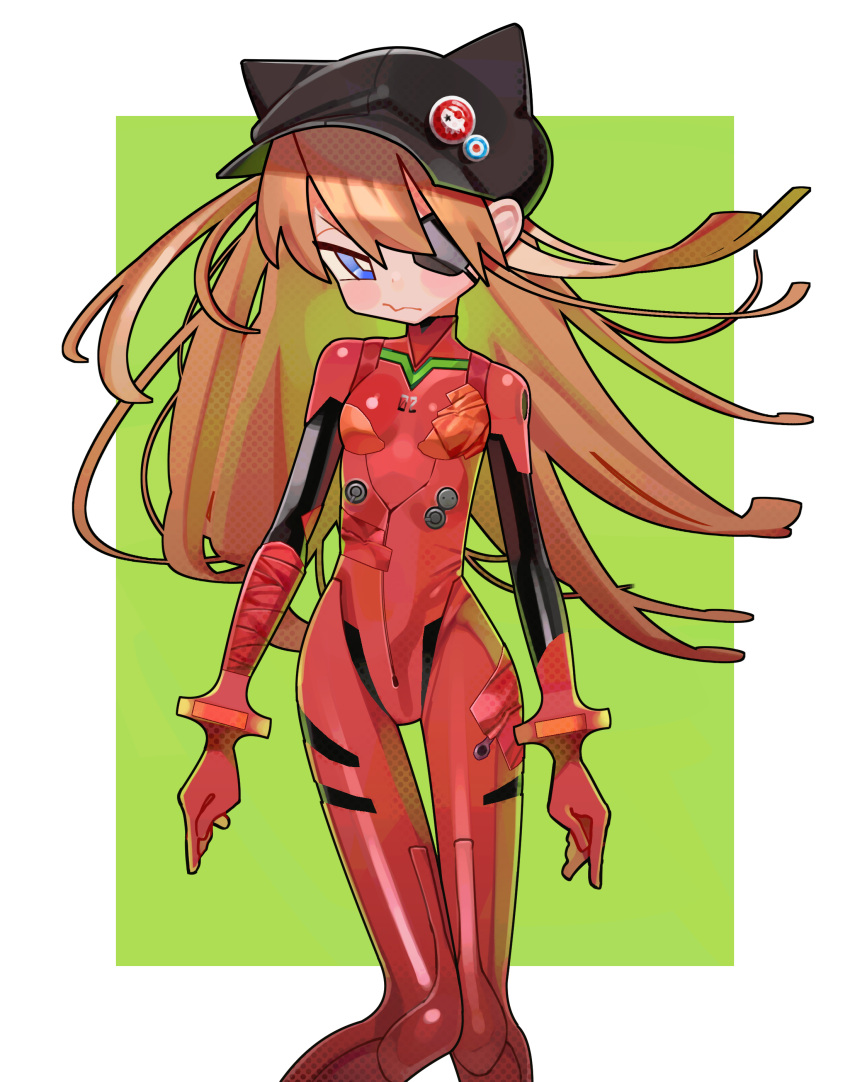 1girl absurdres black_headwear blue_eyes bodysuit closed_mouth cowboy_shot eyepatch gloves hat highres latex latex_bodysuit latex_gloves neon_genesis_evangelion one_eye_covered plugsuit red_gloves red_hair saaal653 simple_background solo souryuu_asuka_langley