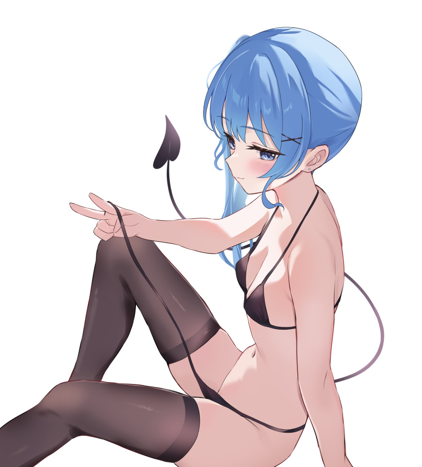 1girl absurdres bikini bikini_bottom_aside bikini_bottom_pull black_bikini black_thighhighs blue_eyes blue_hair blush breasts cleavage clothing_aside collarbone commentary_request demon_tail earrings fawny full_body hair_ornament highres hololive hoshimachi_suisei jewelry long_hair looking_at_viewer navel pussy pussy_peek side_ponytail simple_background small_breasts smile solo stud_earrings swimsuit tail thighhighs v white_background x_hair_ornament