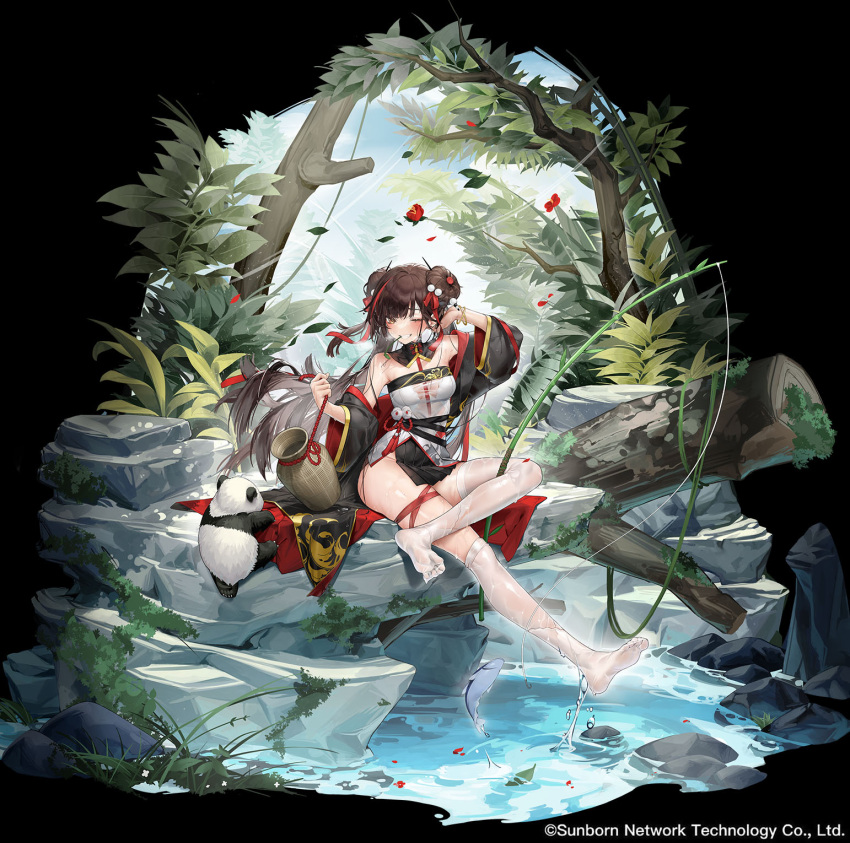1girl ;d adjusting_hair bare_shoulders black_background black_hair black_sleeves blush breasts copyright_notice detached_collar detached_sleeves double_bun dress faux_figurine fish full_body girls'_frontline girls'_frontline_neural_cloud grass grin hair_bun hand_up highres jiangyu_(neural_cloud) long_hair looking_at_viewer low_twintails medium_breasts multicolored_hair no_shoes official_art on_rock one_eye_closed panda red_hair rock sitting sitting_on_rock smile solo strapless strapless_dress streaked_hair thighhighs tree tube_dress twintails type_97_(girls'_frontline) very_long_hair vinegar_kira water water_drop wet wet_clothes wet_dress wet_thighhighs white_thighhighs yellow_eyes