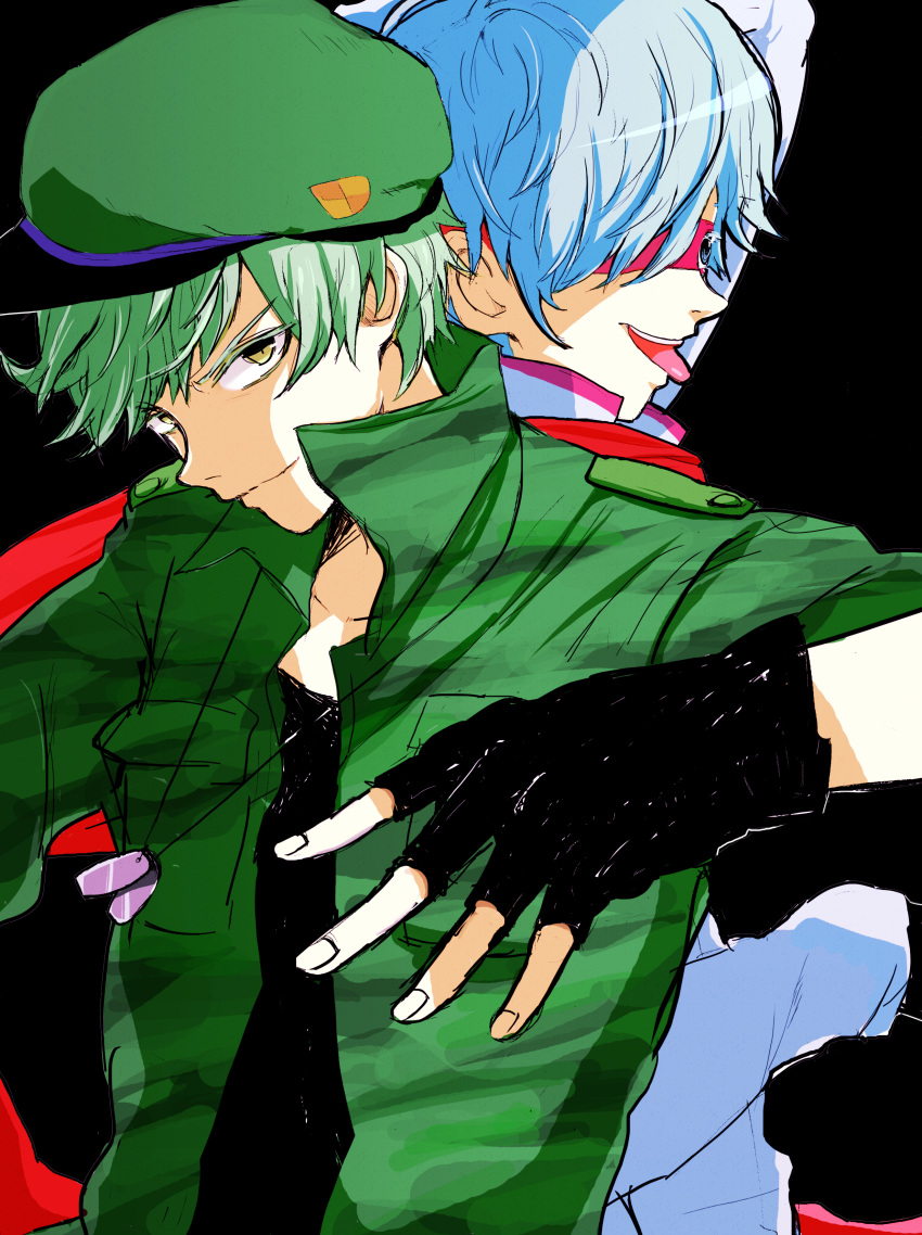 2boys absurdres black_background black_gloves black_shirt blue_eyes blue_hair closed_mouth flippy_(happy_tree_friends) gloves green_eyes green_hair green_jacket happy_tree_friends hat highres humanization jacket light_smile military_hat military_uniform multiple_boys neckerchief red_neckerchief sh-un4021 shirt short_hair splendid_(happy_tree_friends) tongue tongue_out uniform