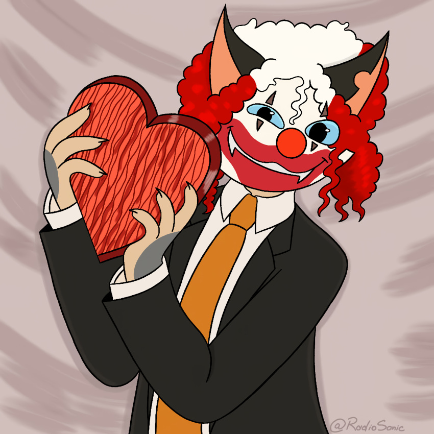 &lt;3 1:1 anthro blue_eyes clothed clothing clown clown_makeup clown_nose domestic_cat felid feline felis hair happy hi_res holidays humanoid insane lackadaisy love makeup male mammal necktie radiosonic94 red_hair rocky_rickaby simple_background solo suit valentine's_day webcomic webcomic_character white_hair wig