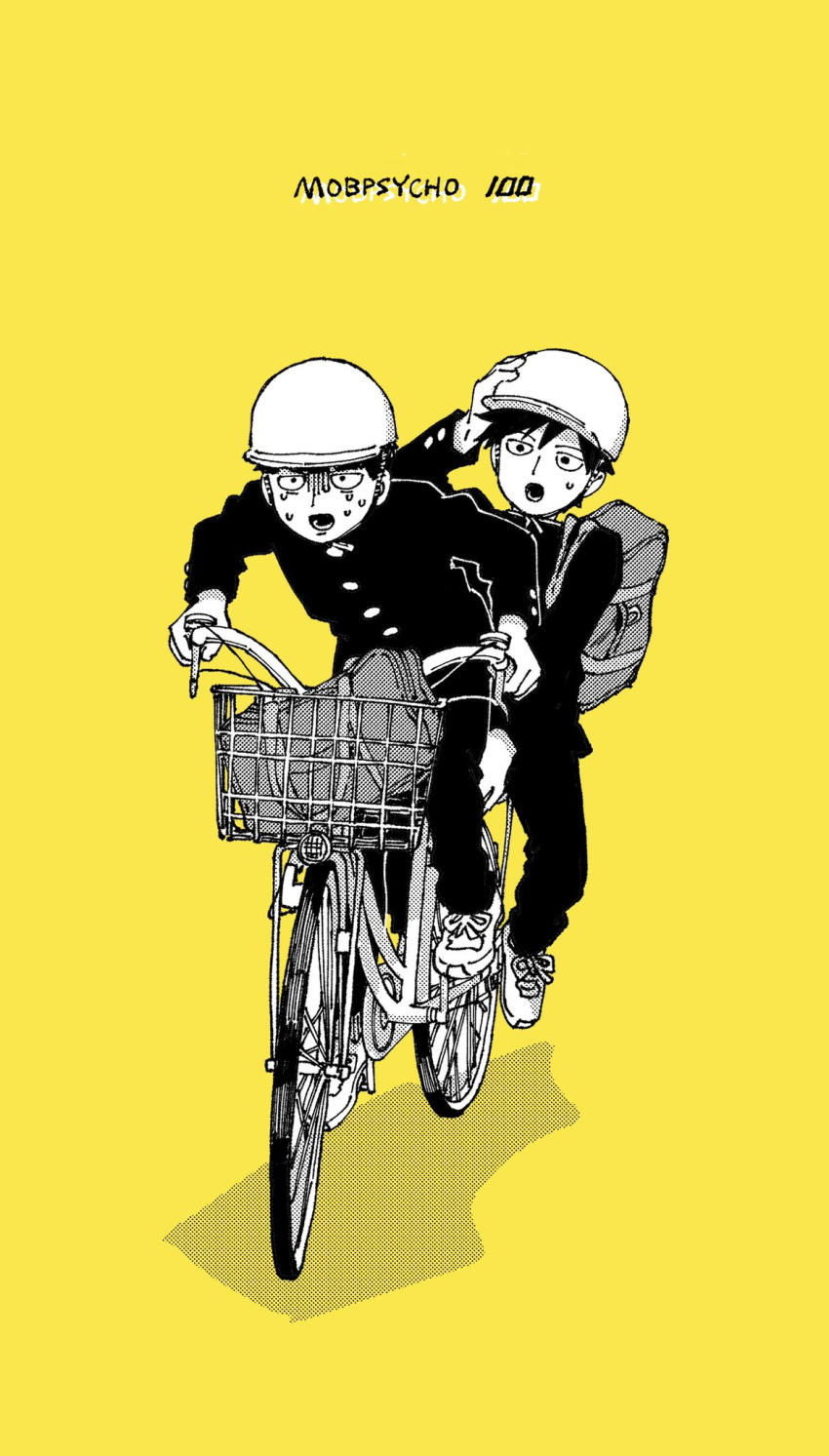 2boys bag bicycle bicycle_basket bicycle_helmet brothers constricted_pupils copyright_name eduroku exhausted full_body gakuran gloom_(expression) greyscale_with_colored_background hand_on_helmet helmet highres kageyama_ritsu kageyama_shigeo looking_ahead male_focus mob_psycho_100 multiple_boys multiple_riders open_mouth pants riding riding_bicycle school_bag school_uniform shoes short_hair shoulder_bag siblings simple_background sneakers sweat yellow_background