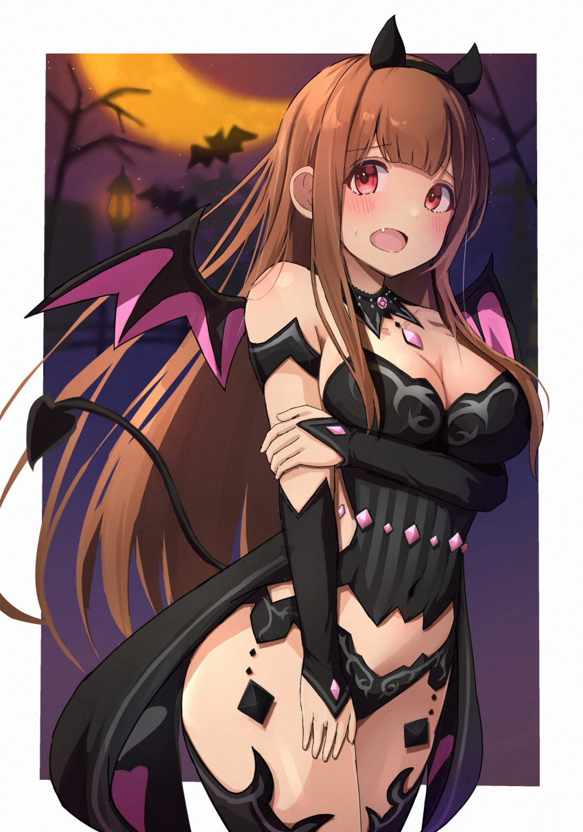 1girl :o animal_ears arm_at_side arm_strap bare_shoulders bat_(animal) black_collar black_dress black_sleeves blunt_bangs blush border breasts brown_hair cleavage collar covered_navel cowboy_shot crescent_moon demon_tail demon_wings detached_collar detached_sleeves dress embarrassed fake_animal_ears fang floating_hair furrowed_brow halloween halloween_costume hand_on_own_arm highres idolmaster idolmaster_million_live! jewelry lamppost large_breasts long_hair looking_at_viewer moon multicolored_wings night open_mouth outside_border pendant red_eyes sidelocks sideways_glance solo straight_hair sweatdrop tabii tail tanaka_kotoha tongue two-tone_wings wings