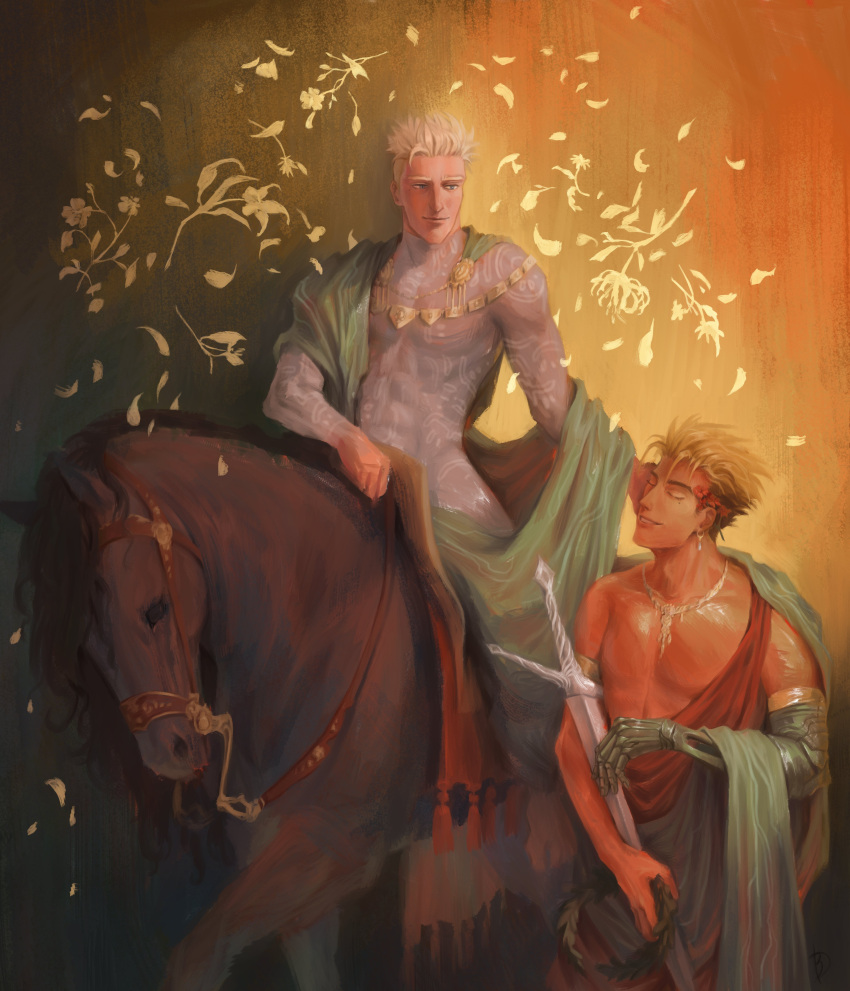 2boys absurdres ancient_greek_clothes armlet bare_shoulders blonde_hair bodysuit brothers cloak closed_eyes closed_mouth commentary covered_abs earrings english_commentary flower greco-roman_clothes green_cloak grey_bodysuit hair_flower hair_ornament head_wreath head_wreath_removed highres holding holding_sword holding_weapon horseback_riding jewelry looking_at_another male_focus mechanical_arms millions_knives mole mole_under_eye multiple_boys necklace petals prosthesis prosthetic_arm red_flower riding sharp_teeth siblings single_mechanical_arm sleeveless smile spiked_hair standing sword teeth toned toned_male trigun trigun_stampede undercut vash_the_stampede weapon wolfholz