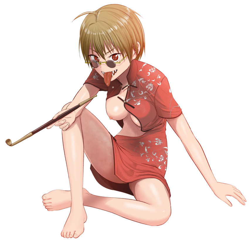 1girl ahoge barefoot breasts brown_hair china_dress chinese_clothes dress feet funnyaka glasses highres holding holding_smoking_pipe kiseru legs medium_breasts nipples one_breast_out open_mouth original print_dress red_dress ringed_eyes round_eyewear sharp_teeth short_hair short_sleeves simple_background sitting smile smoking_pipe teeth tinted_eyewear toes tongue tongue_out tsurime unfastened white_background