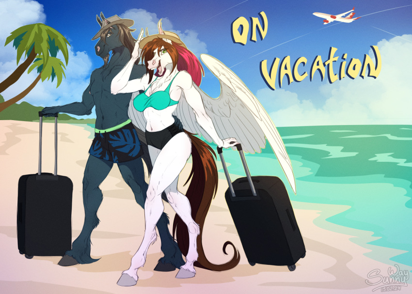 aircraft airplane anthro beach case clothing digital_media_(artwork) duo equid equine female happy hat headgear headwear hi_res horse male mammal pegasus rest sea seaside smile steven_saidon suitcase sunny_way sunny_way_(character) swimwear vacation warm water wings