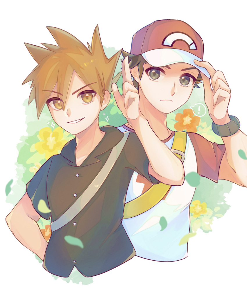 ! 2boys absurdres bag baseball_cap black_shirt blue_oak brown_eyes brown_hair buttons closed_mouth commentary_request cropped_torso hat highres male_focus multiple_boys pokemon pokemon_sm red_(pokemon) red_headwear red_shirt ryusa_(gjgd7445) shirt short_hair shoulder_bag smile spoken_exclamation_mark teeth two-tone_shirt upper_body white_background white_shirt