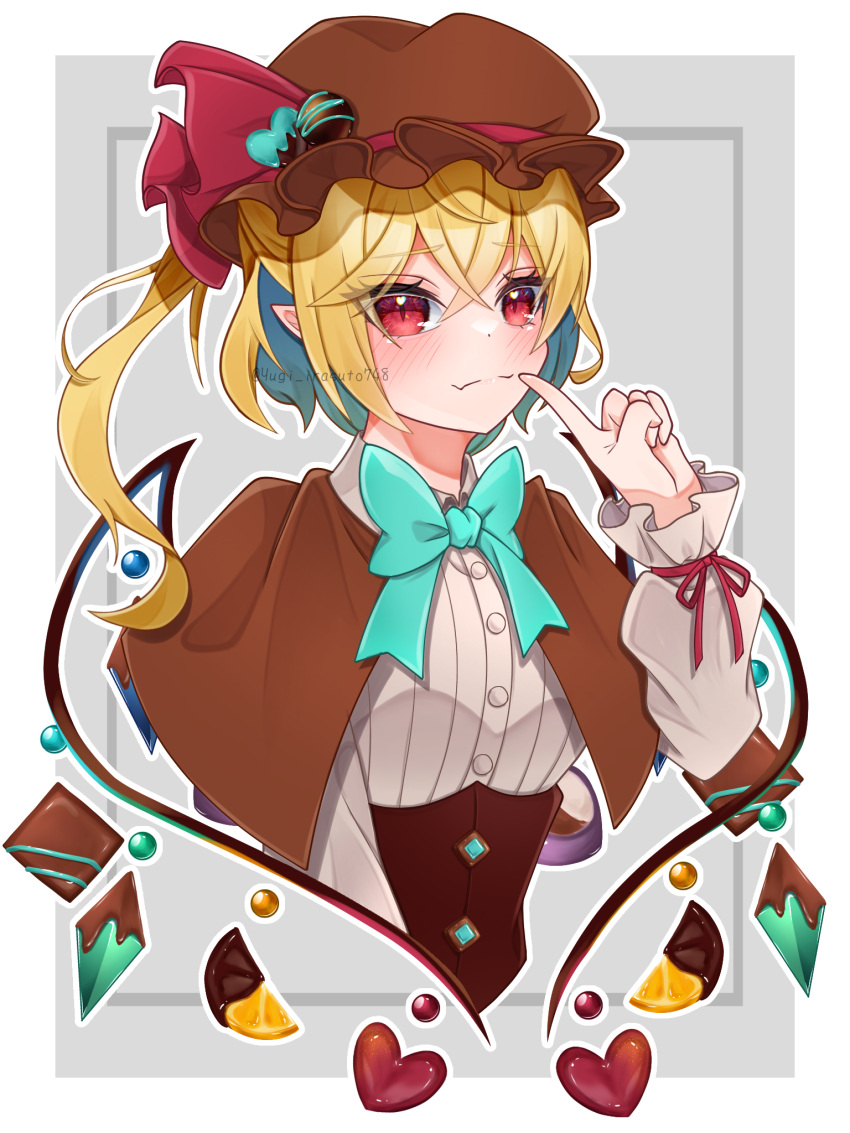 1girl alternate_costume blonde_hair blue_ribbon candy cape chocolate closed_mouth flandre_scarlet food frills hat hat_ribbon heart heart-shaped_chocolate highres mob_cap pointy_ears red_eyes red_ribbon ribbon shirt side_ponytail solo touhou upper_body user_zxwa5275 valentine white_shirt