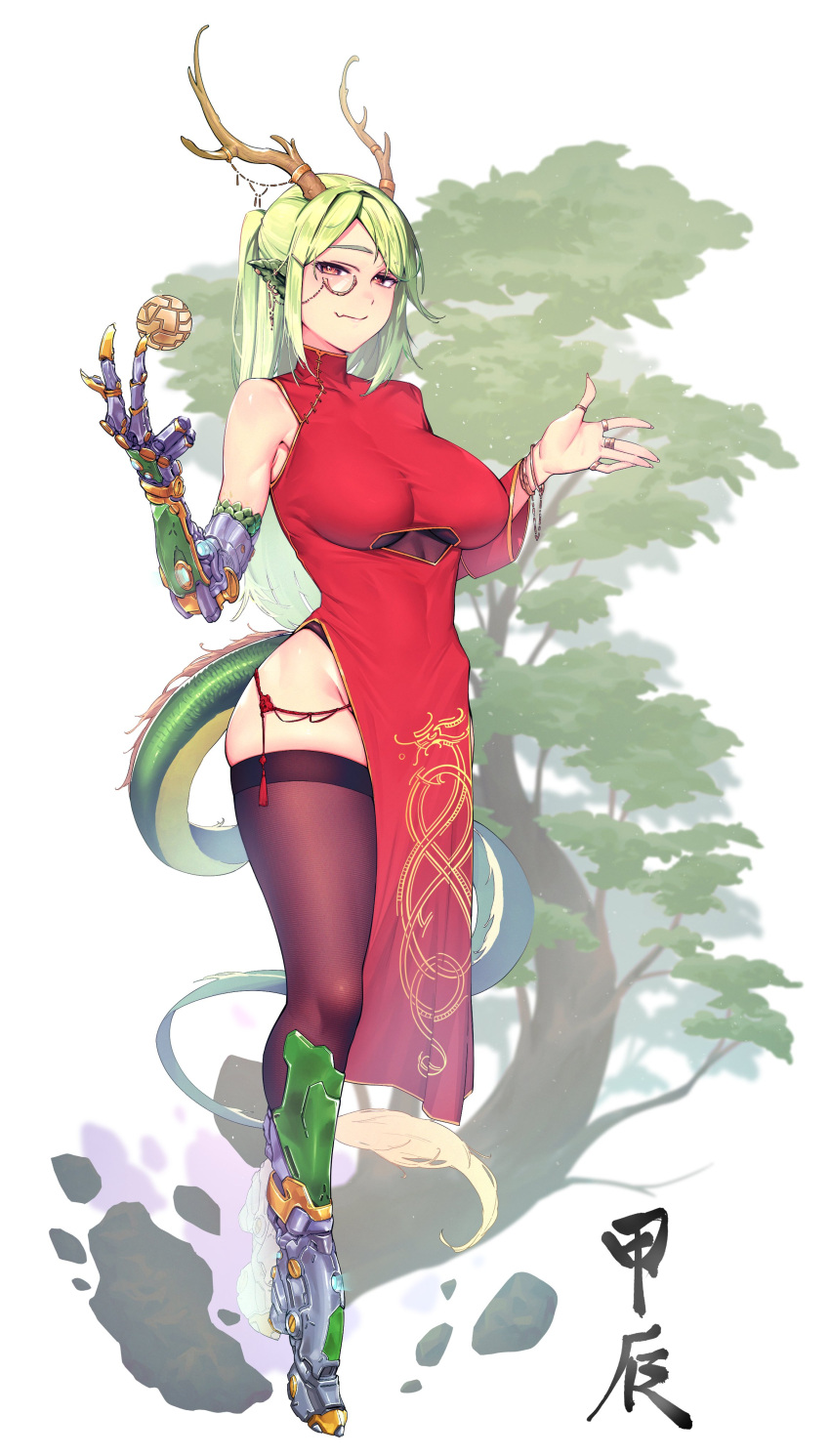 1girl absurdres black_thighhighs breasts brown_eyes china closed_mouth dragon_girl dragon_tail dress full_body green_hair highres large_breasts long_hair monocle original rat_huang red_dress smile solo standing tail thighhighs tree