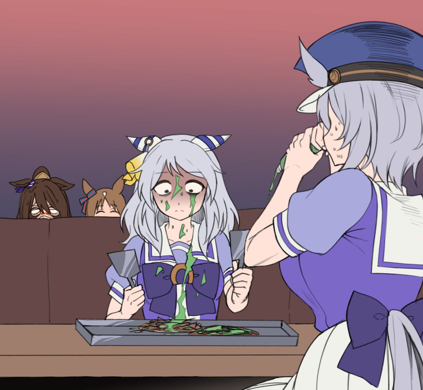 4girls animal_ears blank_eyes blue_bow blue_headwear booth_seating bow bowtie brown_hair collarbone commentary domino_mask ear_bow ear_covers ears_back ears_down ears_through_headwear el_condor_pasa_(umamusume) food fukuro_(maruaru00) genderswap genderswap_(mtf) grass_wonder_(umamusume) hat highres hishi_miracle_(umamusume) holding holding_spatula horse_ears horse_girl hot_plate indoors kurofune_(racehorse) looking_down mask medium_hair military_hat multicolored_hair multiple_girls nervous_sweating okonomiyaki original peaked_cap personification pleated_skirt puckered_lips puffy_short_sleeves puffy_sleeves purple_bow purple_bowtie red_mask sailor_collar sailor_shirt sanpaku school_uniform shirt short_hair short_sleeves sitting skirt spatula summer_uniform sweat tail tail_through_clothes tracen_school_uniform two-tone_hair umamusume waist_bow wasabi white_hair white_sailor_collar white_skirt