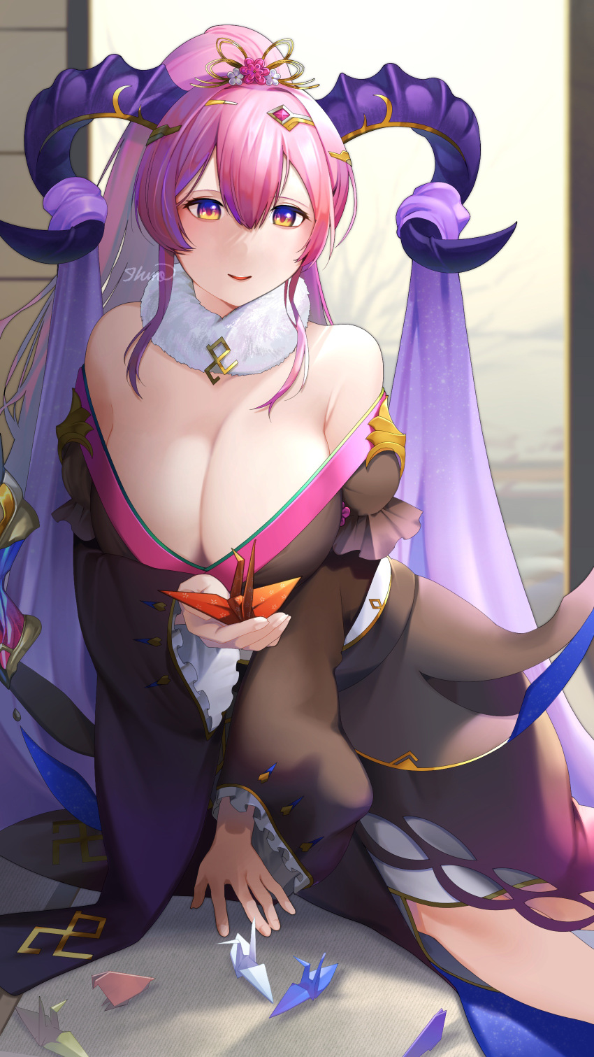 1girl absurdres bare_shoulders breasts cleavage curled_horns fire_emblem fire_emblem_heroes frilled_sleeves frills fur-trimmed_collar fur-trimmed_kimono fur_trim goat_horns hair_ornament highres horns huge_breasts ikura_(downdexp) japanese_clothes kimono large_horns leaning_forward long_hair multicolored_hair nerthuz_(fire_emblem) nerthuz_(new_year)_(fire_emblem) off_shoulder origami paper_crane pink_hair ponytail purple_eyes purple_hair purple_horns purple_veil signature smile solo two-tone_hair very_long_hair