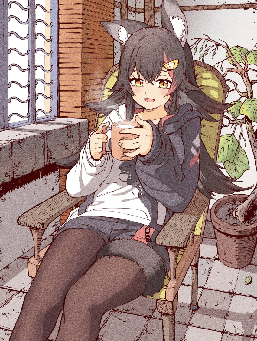 1girl animal_ear_fluff animal_ears arm_rest black_hair black_hoodie drink hair_between_eyes hair_ornament highres holding holding_drink hololive hood hoodie indoors leaf leaning_back long_hair long_sleeves multicolored_hair official_alternate_costume on_chair ookami_mio ookami_mio_(3rd_costume) open_mouth pantyhose paw_print paw_print_pattern plant potted_plant red_hair relaxing shorts sitting solo streaked_hair tail tail_around_own_leg tile_floor tiles two-tone_hoodie virtual_youtuber white_hoodie wolf_ears wolf_girl wolf_tail wooden_chair yellow_eyes yurai0739