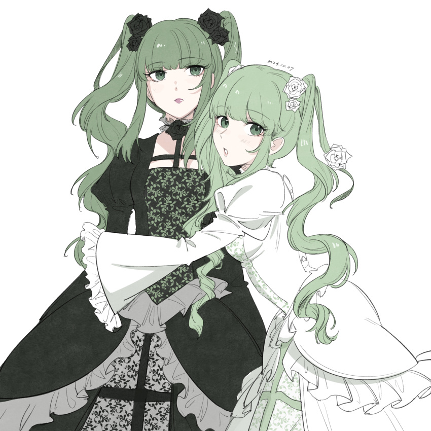 2girls :o black_dress black_robe blunt_bangs breasts choker closed_mouth commentary cowboy_shot dated dress dual_persona english_commentary flower flower_choker frilled_choker frilled_dress frilled_sleeves frills gothic_lolita green_eyes green_hair hair_flower hair_ornament hatsune_miku highres hug juliet_sleeves lipstick lolita_fashion long_hair long_sleeves looking_at_viewer looking_to_the_side makeup medium_breasts multiple_girls project_diva_(series) puffy_sleeves robe rosa_bianca_(module) rose sideways_glance simple_background soup_dumplin twintails very_long_hair white_background white_dress white_flower white_rose wide_sleeves