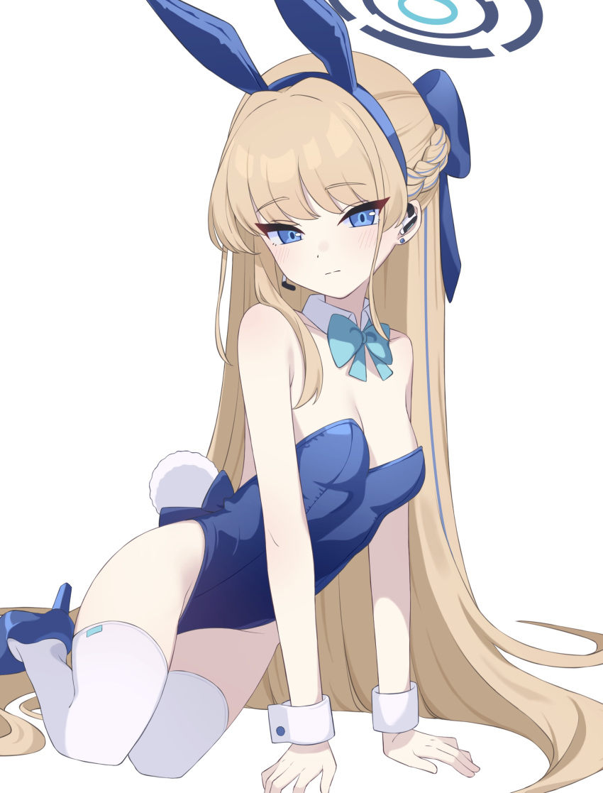 1girl absurdres animal_ears blonde_hair blue_archive blue_bow blue_bowtie blue_eyes blue_footwear blue_hair blue_halo blue_leotard blush bow bowtie braid closed_mouth detached_collar fake_animal_ears fake_tail groin halo high_heels highres leotard long_hair looking_at_viewer multicolored_hair official_alternate_costume rabbit_ears rabbit_tail ruiyuzawa simple_background solo strapless strapless_leotard streaked_hair tail thighhighs toki_(blue_archive) toki_(bunny)_(blue_archive) white_background white_thighhighs wrist_cuffs