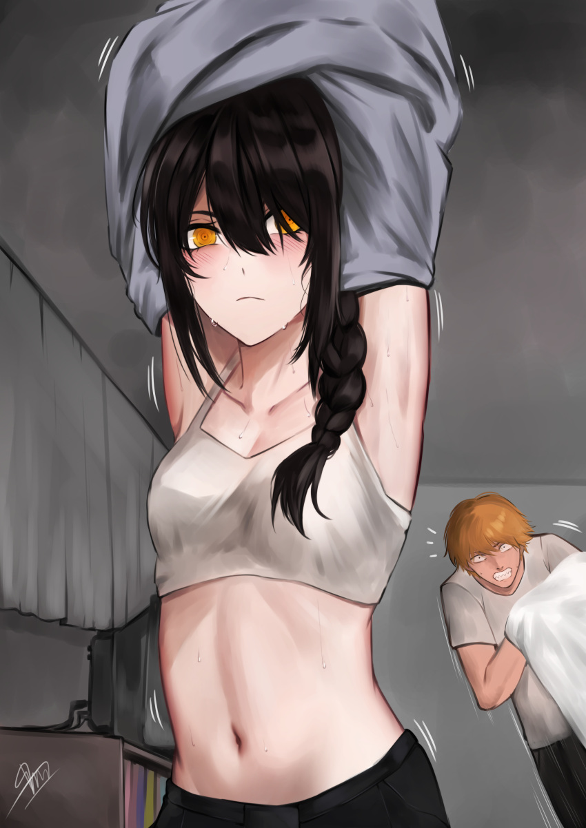 1boy 1girl absurdres asarizer bed_sheet black_hair bookshelf bra braid breasts chainsaw_man clenched_teeth commentary curtains denji_(chainsaw_man) frown hair_over_one_eye hair_over_shoulder highres holding holding_sheet navel nayuta_(chainsaw_man) orange_eyes orange_hair ringed_eyes signature single_braid small_breasts sweat teeth television underwear undressing upper_body white_bra