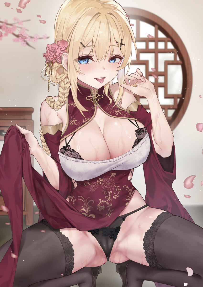 1girl black_bra black_pantyhose blonde_hair blue_eyes bra breasts cameltoe china_dress chinese_clothes cleavage clothes_lift commentary_request dress falling_petals fang_qiao highres large_breasts large_pectorals lifted_by_self long_hair looking_back open_clothes open_mouth original paid_reward_available panties pantyhose pectorals petals red_eyes smile solo squatting underwear wet