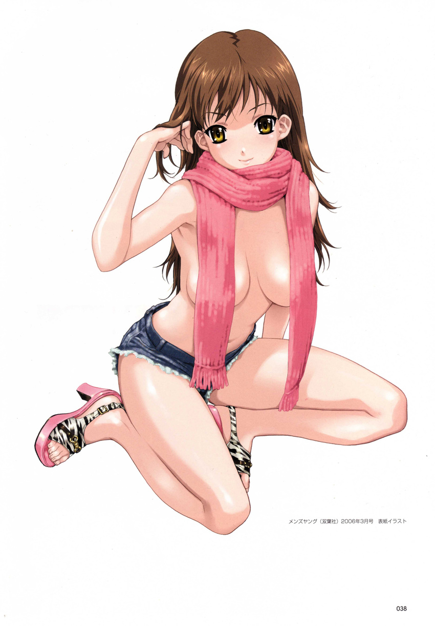 2006 brown_hair copyright_request denim denim_shorts full_body happoubi_jin high_heels highres long_hair pink_scarf sandals scan scarf shoes shorts simple_background solo topless white_background yellow_eyes