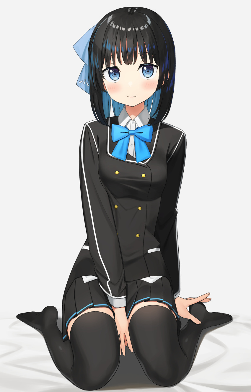 1girl absurdres ange_relink apollo_(hu_maple) between_legs black_hair black_jacket black_skirt blazer blue_bow blue_bowtie blue_eyes blue_hair bob_cut bow bowtie breasts collared_shirt colored_inner_hair commentary_request facing_viewer fingernails full_body hand_between_legs highres jacket light_blush long_sleeves looking_at_viewer medium_breasts multicolored_hair pleated_skirt shirt simple_background sitting skirt smile solo sora_(ange_relink) split_mouth thighhighs uniform wariza white_background white_shirt zettai_ryouiki