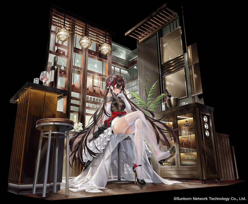 1girl arm_support bar_stool bare_shoulders black_background black_dress black_footwear black_hair bottle breasts clothing_cutout copyright_notice counter covered_mouth crossed_legs cupboard double_bun dress elbow_gloves faux_figurine full_body furrowed_brow girls'_frontline girls'_frontline_neural_cloud gloves hair_bun hand_on_own_chin hand_up high_heels highres jiangyu_(neural_cloud) long_hair looking_at_viewer medium_breasts multicolored_hair official_art on_stool red_hair shoe_dangle shoulder_cutout sitting solo stool streaked_hair stroking_own_chin thighhighs type_97_(girls'_frontline) very_long_hair vinegar_kira white_gloves white_thighhighs wine_bottle yellow_eyes
