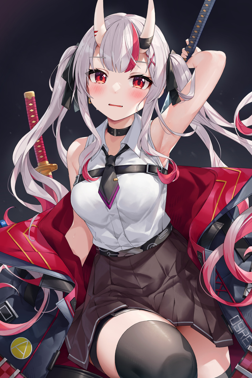 1girl absurdres armpits bare_shoulders black_choker black_necktie black_thighhighs blush breasts brown_skirt choker fang gradient_hair grey_hair hair_ornament hair_ribbon highres holding holding_sword holding_weapon hololive horns jacket kaguya_(srx61800) katana long_hair looking_at_viewer medium_breasts multicolored_hair nakiri_ayame nakiri_ayame_(5th_costume) necktie official_alternate_costume oni open_mouth red_eyes red_hair ribbon shirt short_necktie skin-covered_horns skirt sleeveless sleeveless_shirt solo streaked_hair sword thighhighs thighs twintails virtual_youtuber weapon white_shirt x_hair_ornament