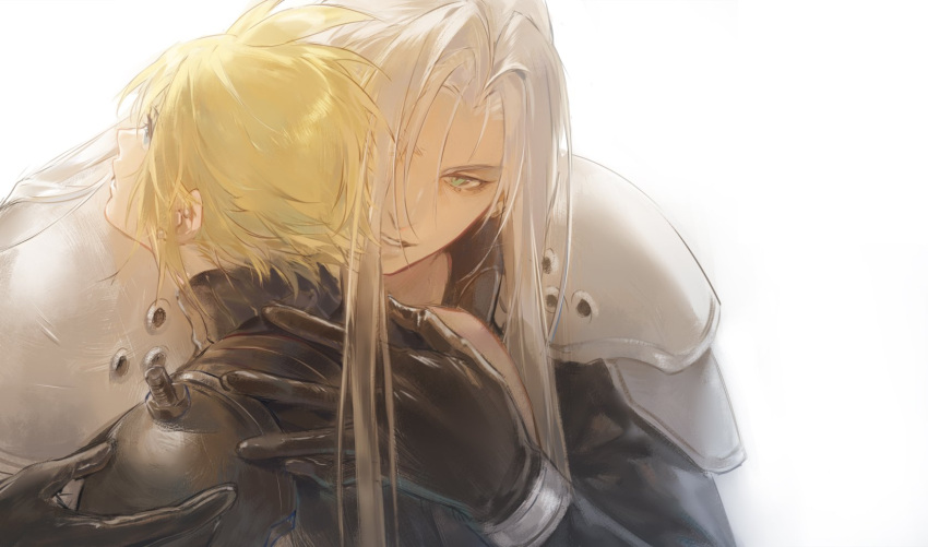 2boys armor bangle black_coat black_gloves blonde_hair blue_eyes bracelet cloud_strife coat final_fantasy final_fantasy_vii final_fantasy_vii_rebirth gloves grey_hair hand_on_another's_back hand_on_another's_shoulder highres jewelry long_hair long_sleeves lydiaaa male_focus multiple_boys parted_bangs parted_lips sephiroth short_hair shoulder_armor single_bare_shoulder single_shoulder_pad sleeveless sleeveless_turtleneck smile spiked_hair turtleneck upper_body whispering_in_ear white_background yaoi