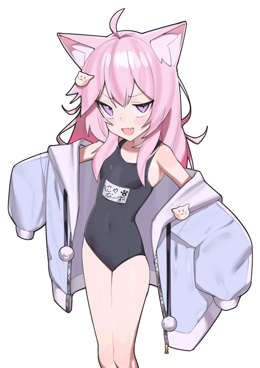 1girl absurdres ahoge animal_ears armpits black_one-piece_swimsuit cat_ears cat_girl cowboy_shot hair_ornament hairpin hashtag_only_commentary highres indie_virtual_youtuber jacket long_hair nyatasha_nyanners one-piece_swimsuit open_mouth pink_eyes pink_hair saaal653 simple_background solo swimsuit white_background