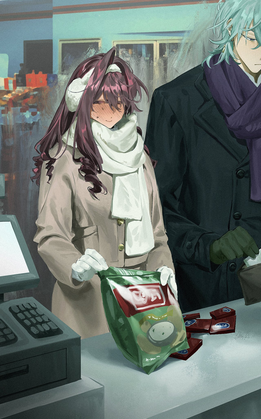 1boy 1girl bag black_coat blush brown_jacket buying_condoms cash_register closed_eyes closed_mouth coat commentary condom_box convenience_store drill_hair earmuffs full-face_blush gloves green_gloves grey_hair hair_intakes hair_tubes hetero highres holding holding_bag holding_wallet jacket long_hair mole mole_under_eye original purple_scarf scarf shop short_hair smile sweatdrop symbol-only_commentary unholymilk wallet white_gloves white_scarf