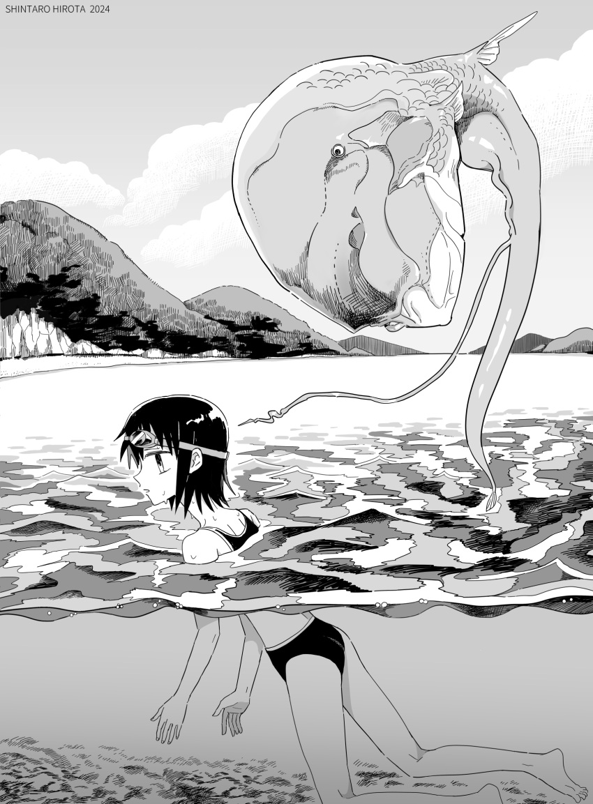1girl aremoyou barefoot bikini cloud cloudy_sky clueless commentary_request dated day floating foot_out_of_frame from_side goggles goggles_on_head greyscale highres lake looking_ahead monochrome monster mountainous_horizon open_mouth original outdoors peril profile short_hair simple_background sky solo swim_goggles swimming swimsuit tentacles wet